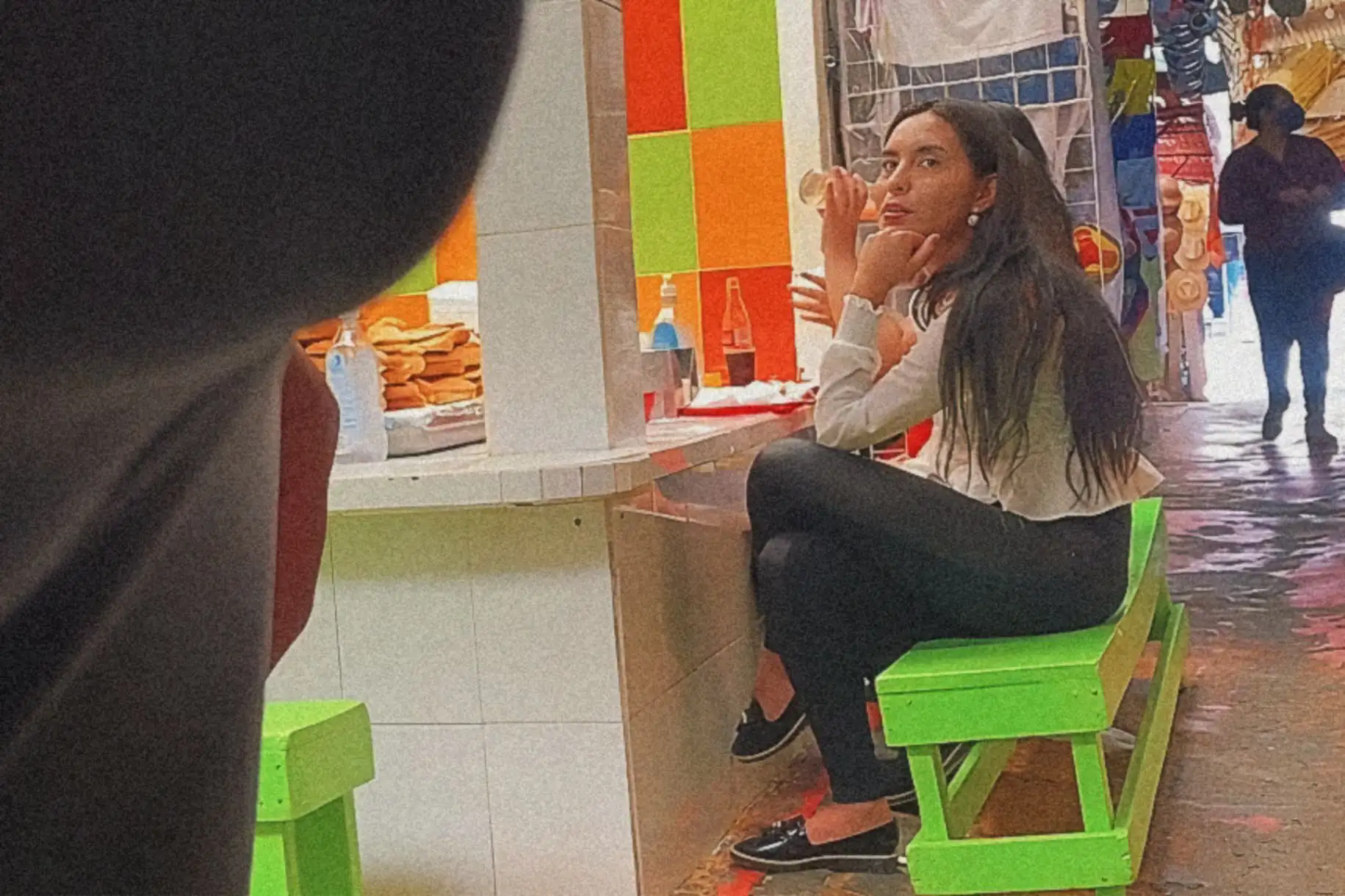 Latina saleswomen looking bulge flash