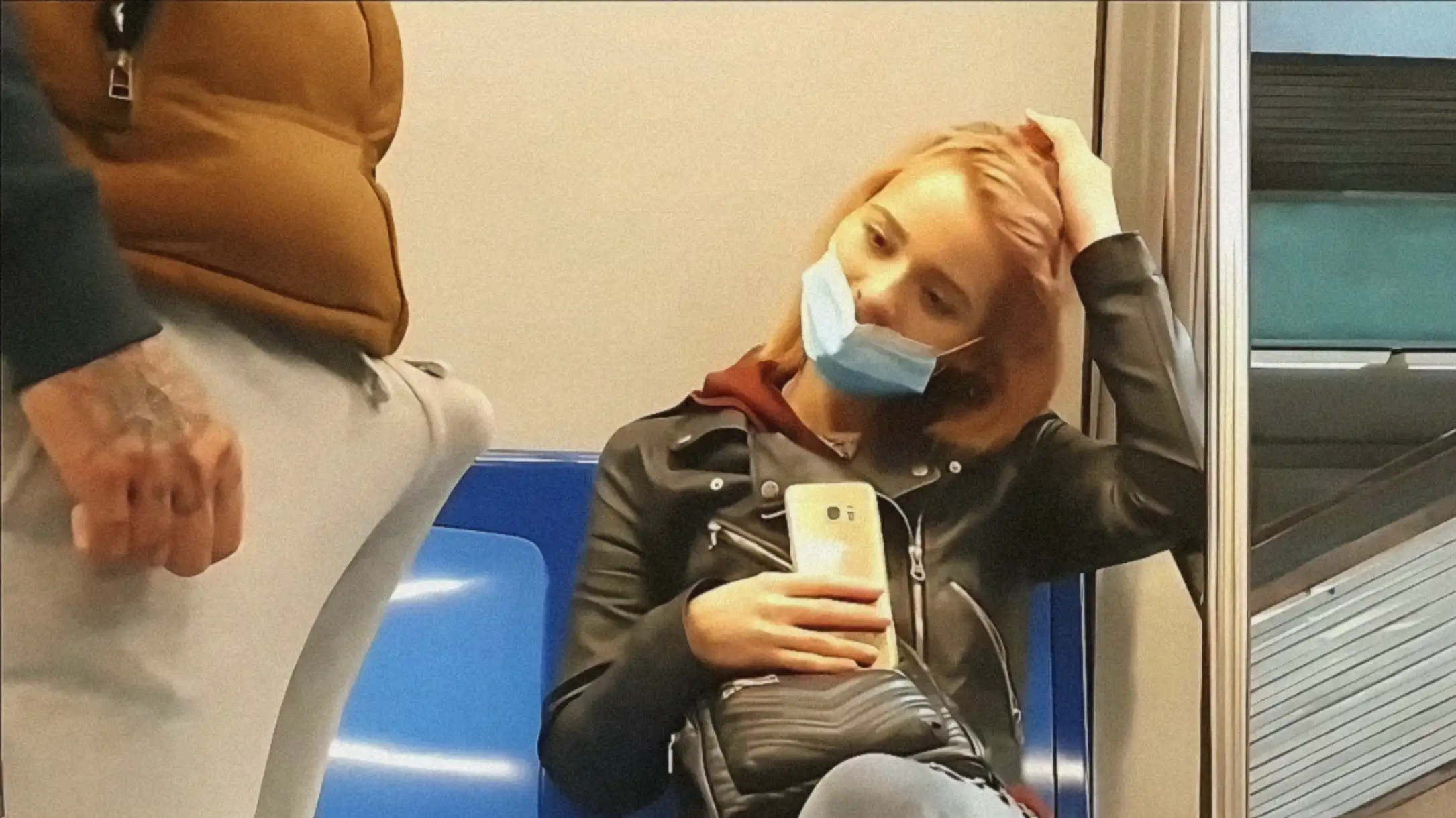 Beautiful blonde looking bulge flash train