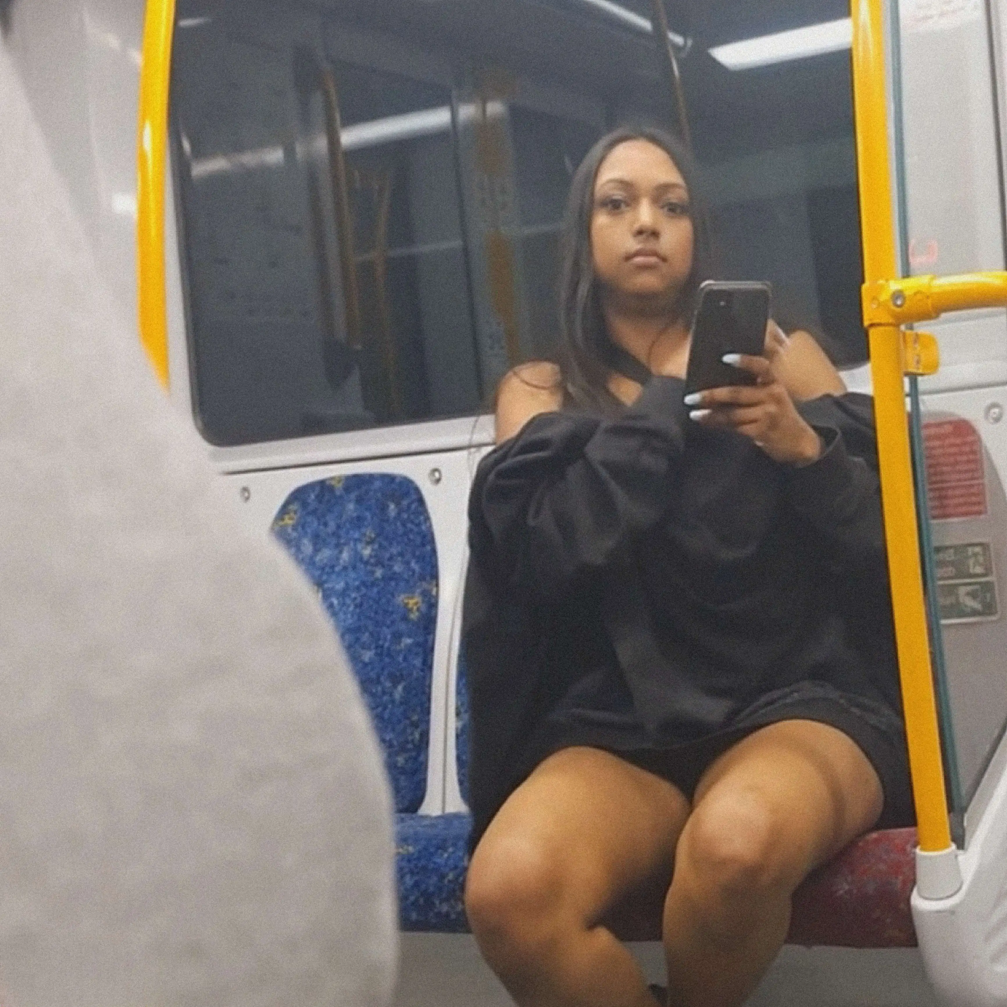 Slutty brunette having fun looking at the bulge on the train