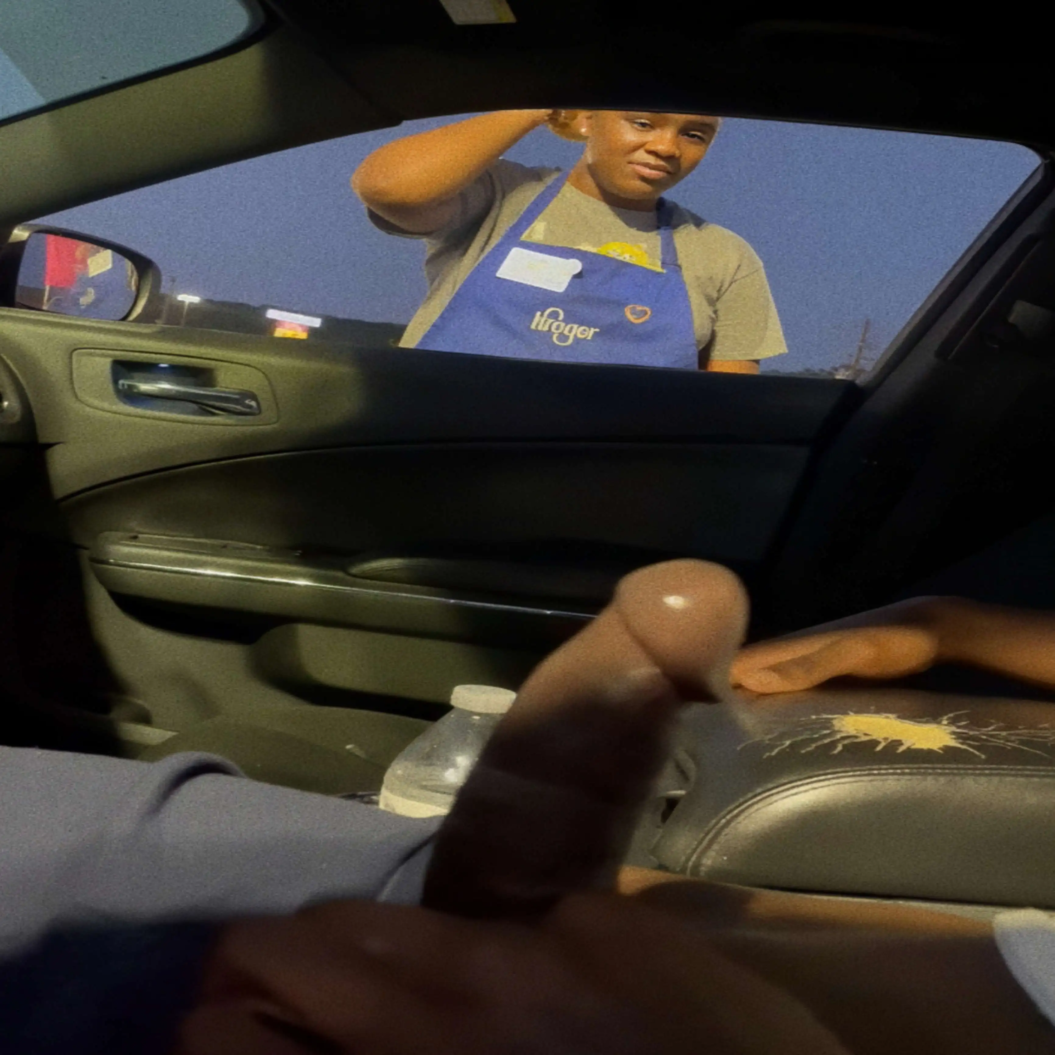 Walmart employee looking at black dick in parking lot