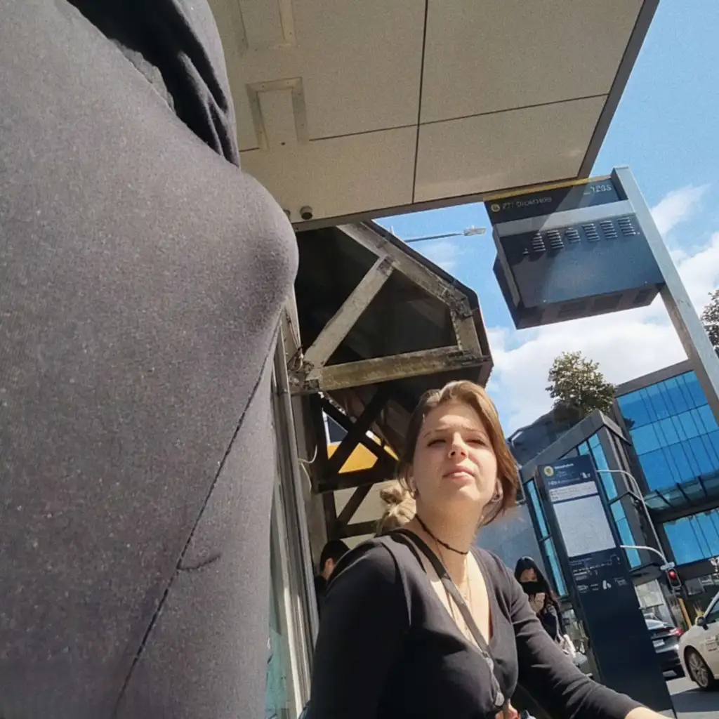 Sexy teen looking bulge at the bus stop