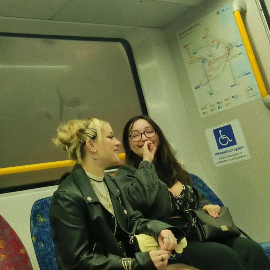 Sexy blonde and her friend looking bulge flash on the train