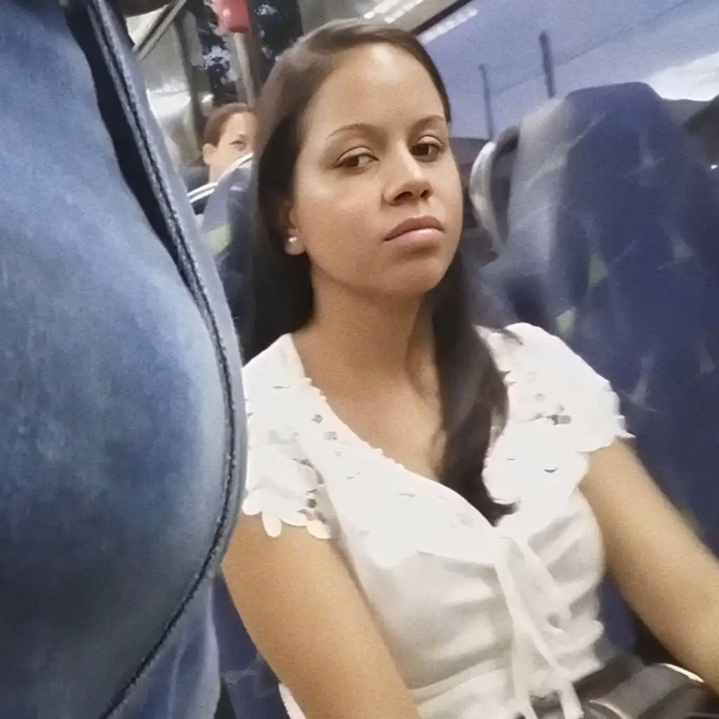 Brazilian brunette looking bulge on the bus