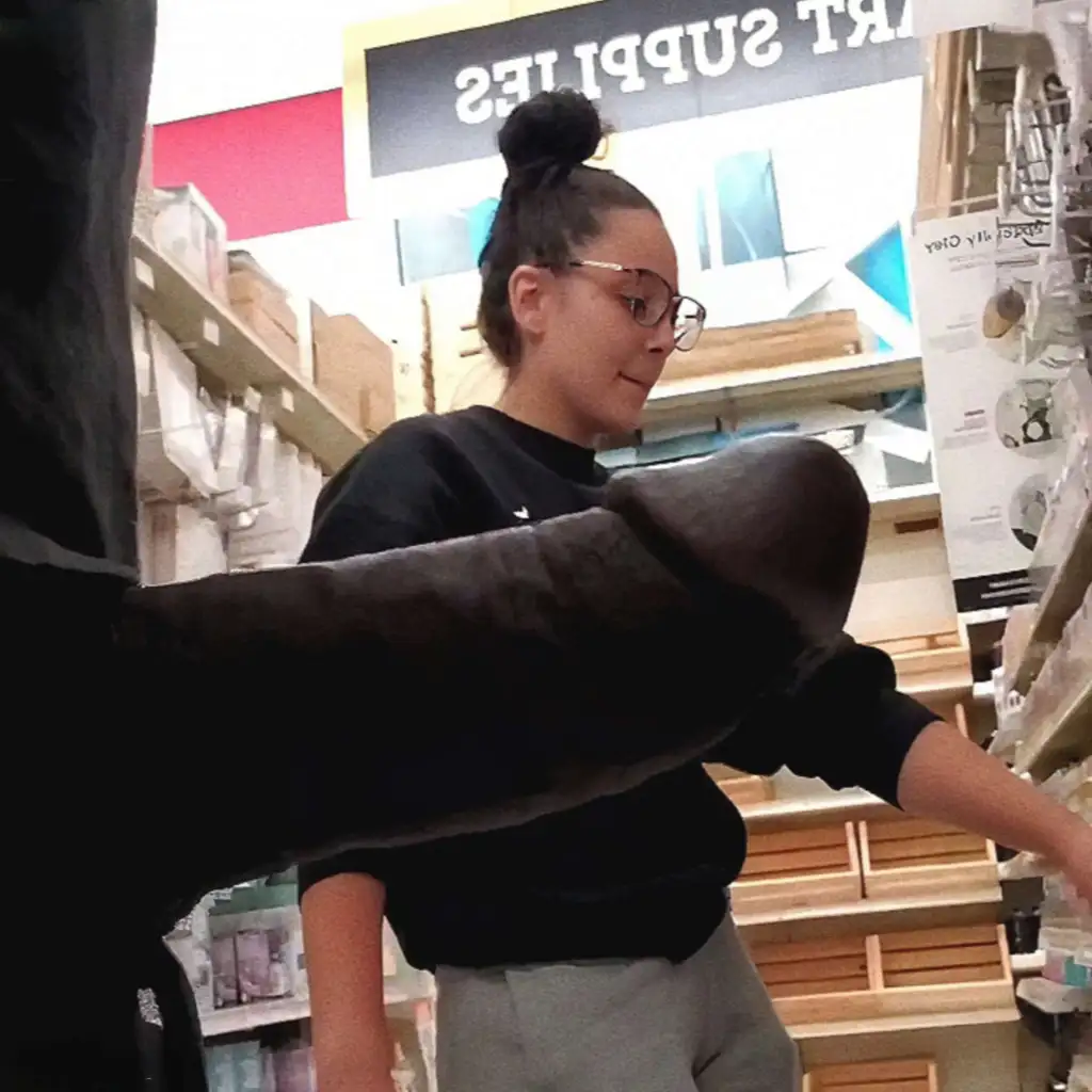 Wow! Hot slut smiling and looking at black dick in the store, she loved the black dick