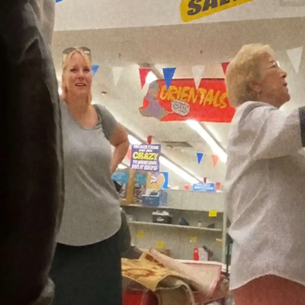 Quick chat with sexy blonde milf and her mom at the store