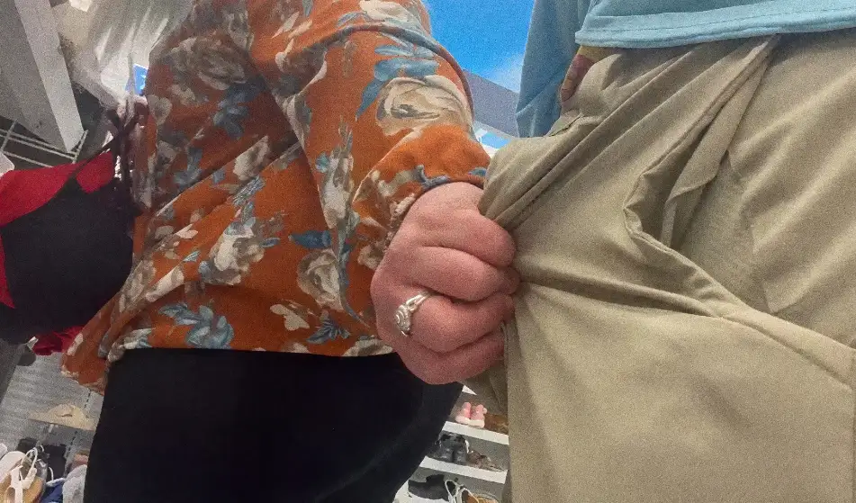Wow! Hot blonde MILF touching bulge in the store, crazy!