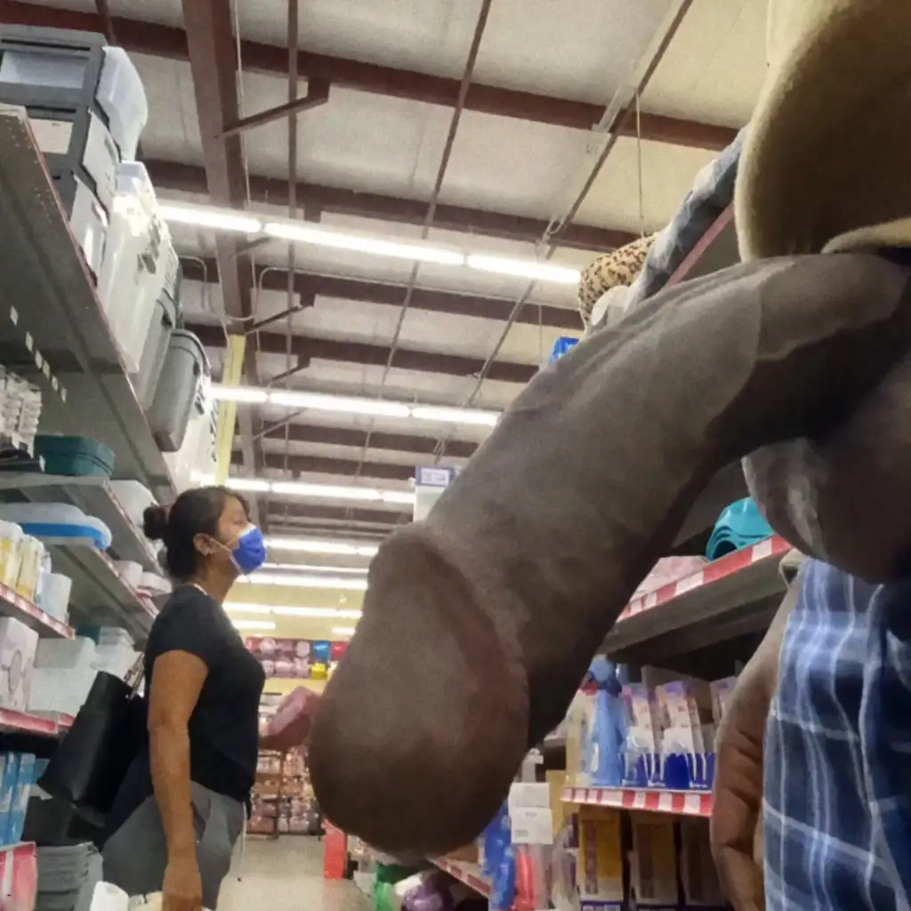 Mature black in the store and super huge cock in the store outside