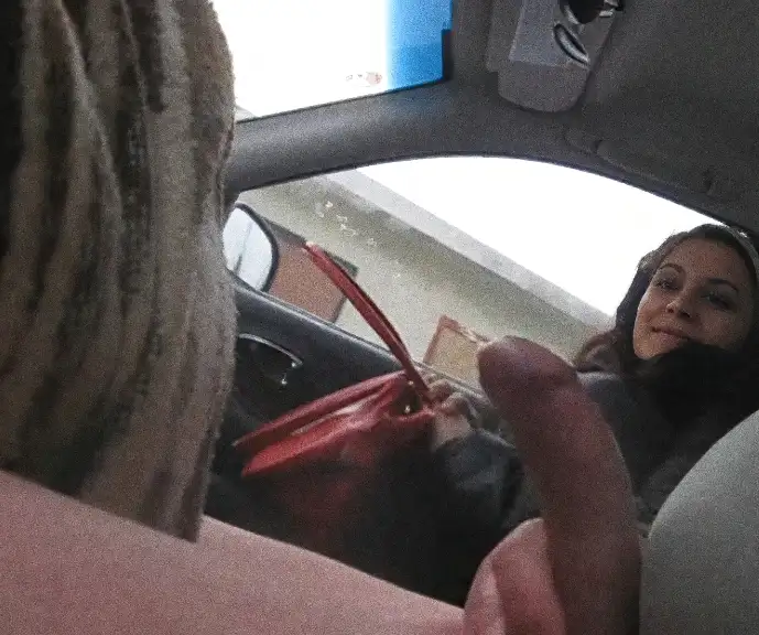 Slutty Brazilian girl reacting to her friend's hard cumshot in the car