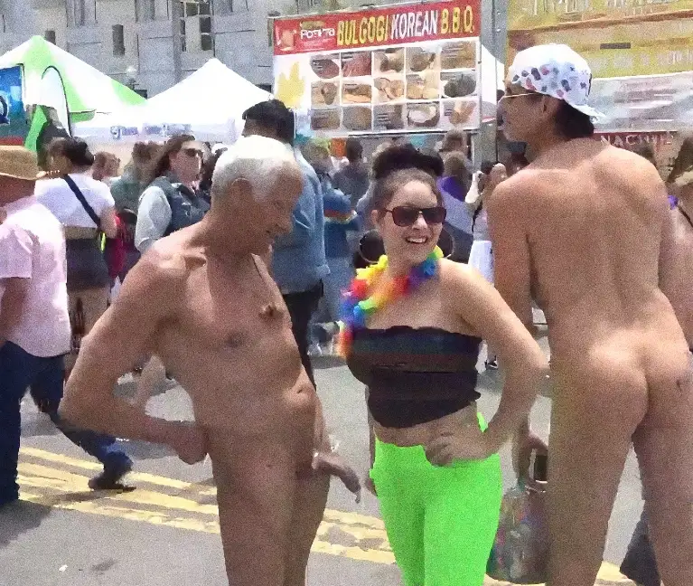 Street Interactions - Hot big tits girl taking a picture with the big dick old man