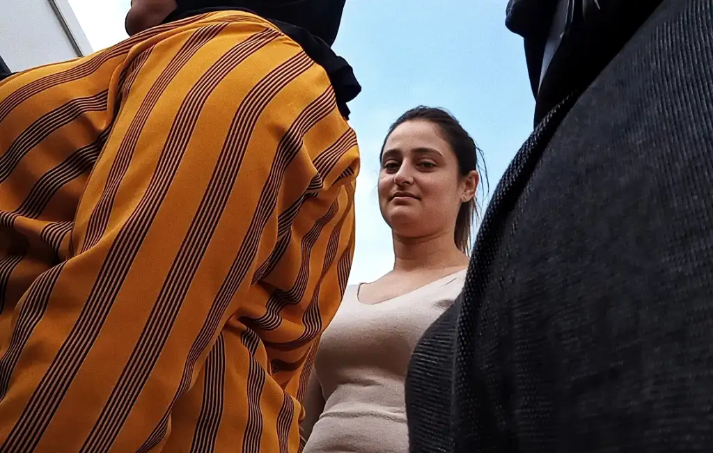 Naughty girl looking at the bulge flash in public, she liked it
