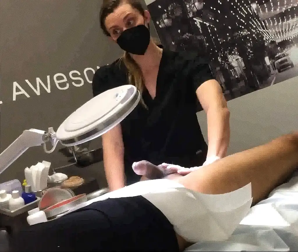 Big dick waxing and nice conversation with hot redhead waxer