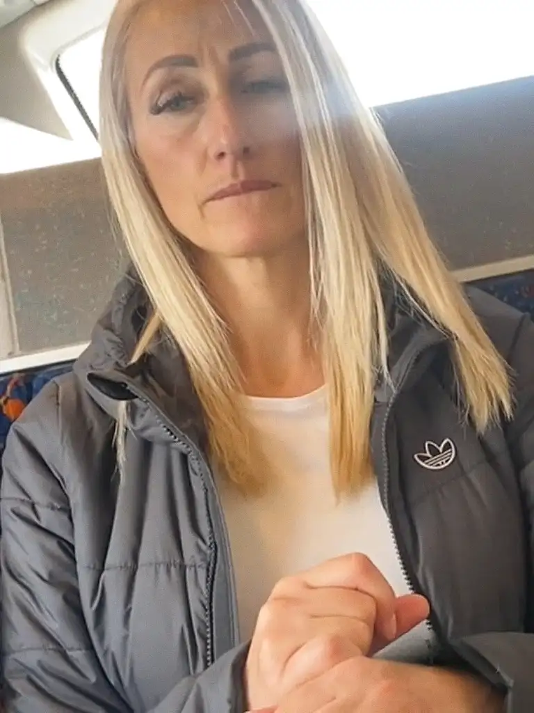 Sexy blonde MILF horny looking bulge on the bus
