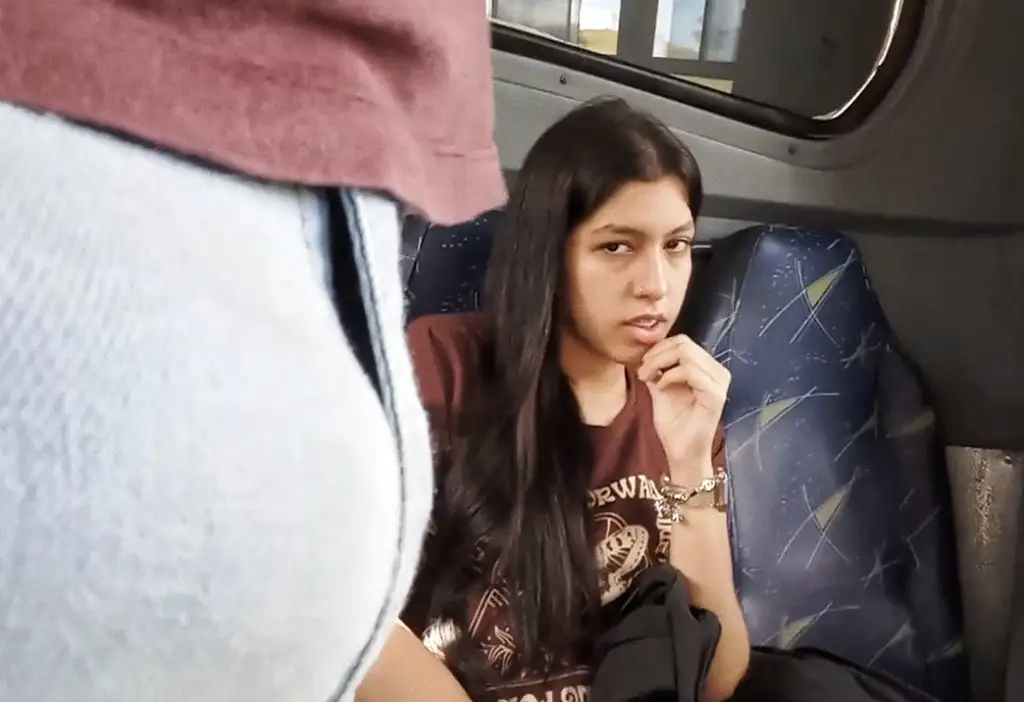 Hmm! Horny Brazilian teen looking at bulge on the bus