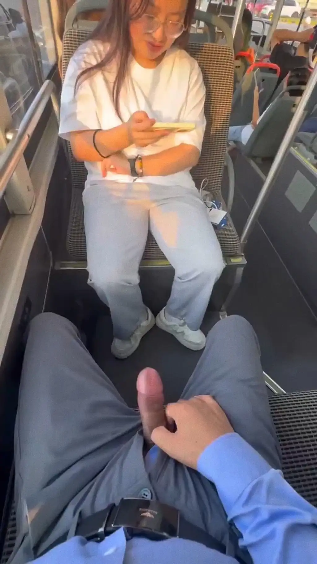 Big dick in front of sexy Japanese girl on the train