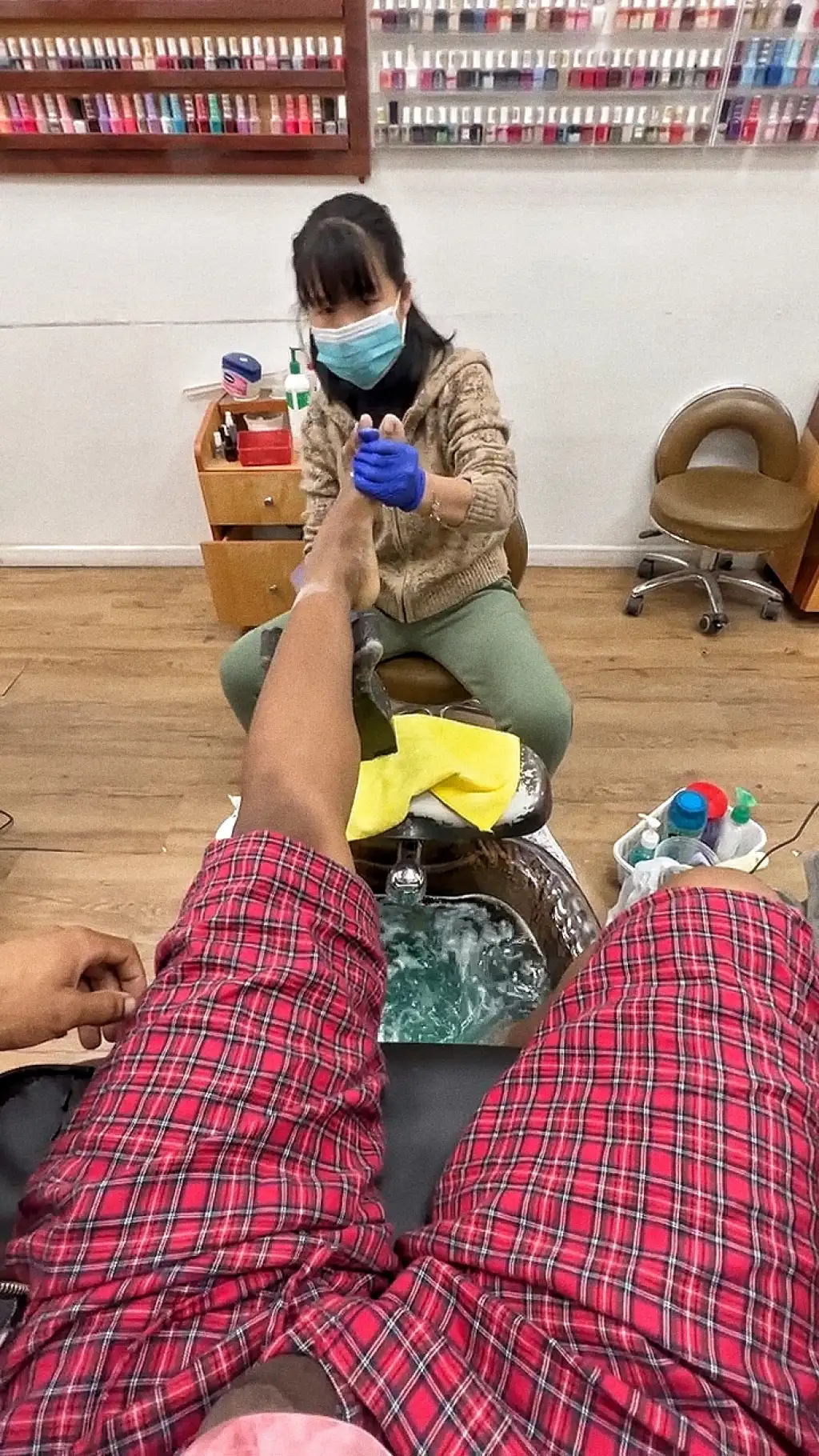 Again! Big dick out in front of sexy Japanese pedicure girl