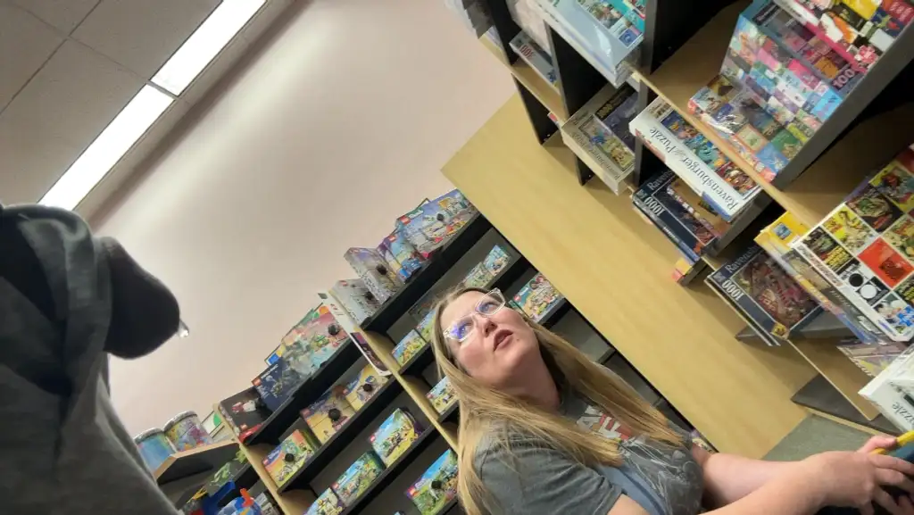 Nice chat with hot blonde MILF in the library, she looked at the dripping black dick