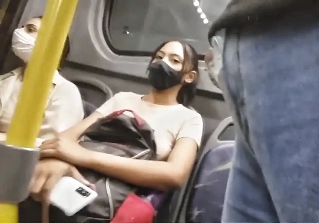 Brazilian brunette teen looking bulge on the bus