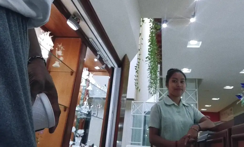 Cute ebony saleswoman looking at the bulge, she liked it
