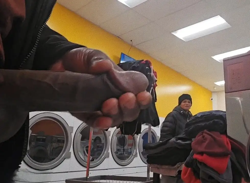 Mature ebony watching black cock cum in the laundry room