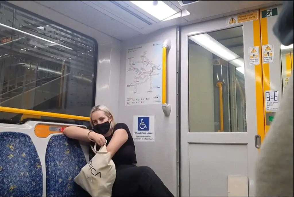 Hot blonde looking bulge on the train and she took picture