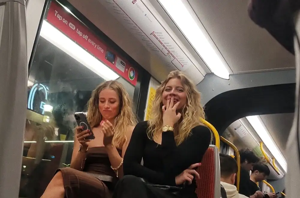 Sabrina Carpenter and her hot friend looking at bulges on the train LOL