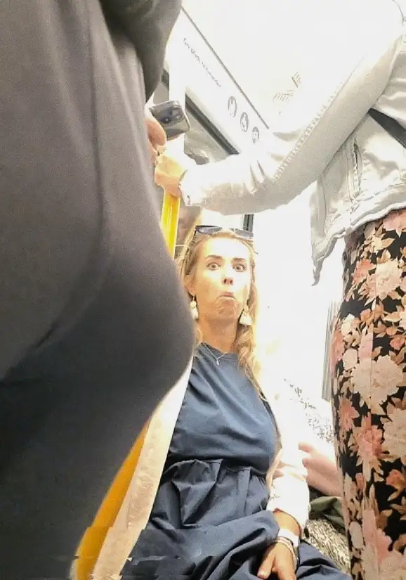 Naughty shocked by bulge on train