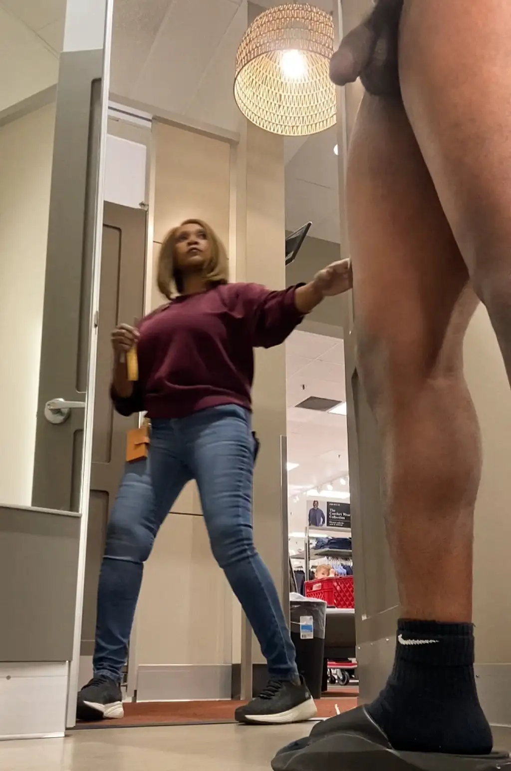 Mature black woman caught a man with a cock in the bathroom