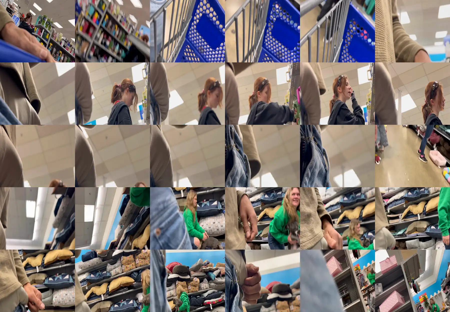 Hot blonde smiling with her dog in the store, she saw the bulge and liked it