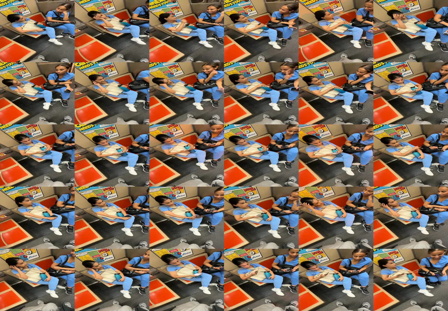 Two nurses looking at bulge on train