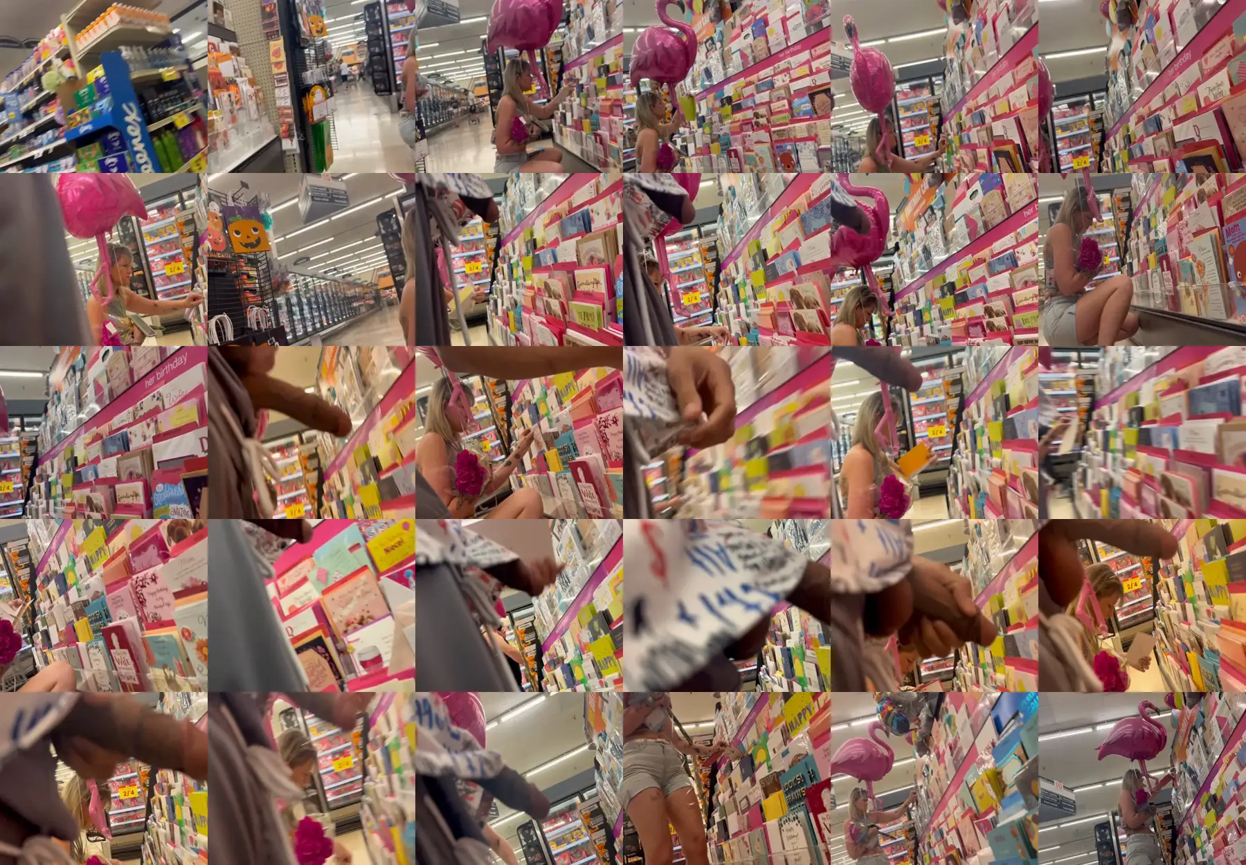 Hot blonde crouching down looking at the products and big dick out to the side