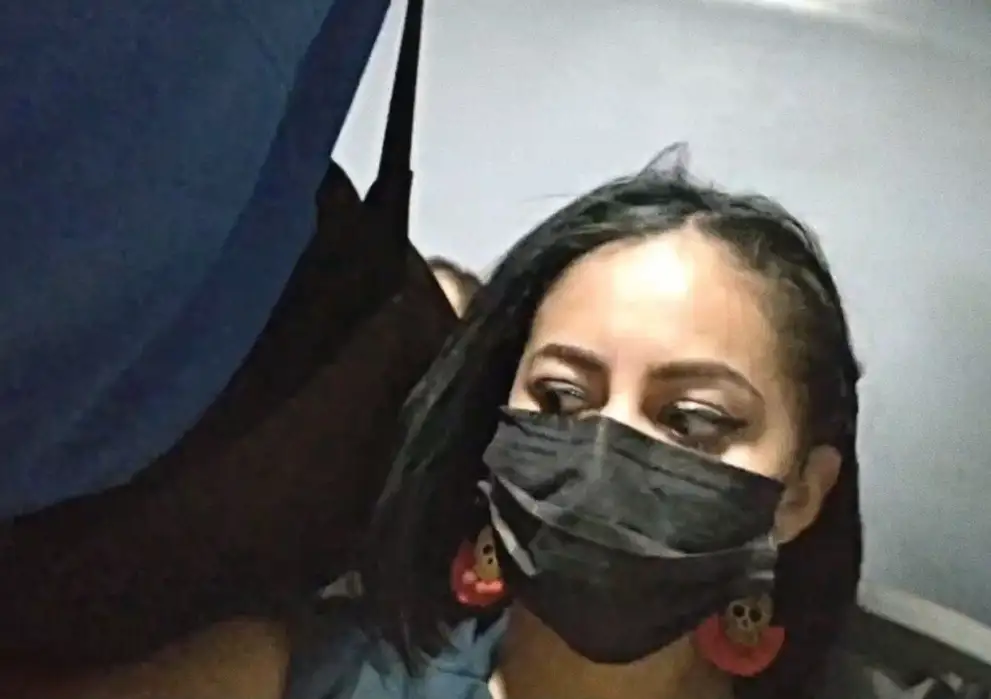 Beautiful Latina staring at bulge on the bus