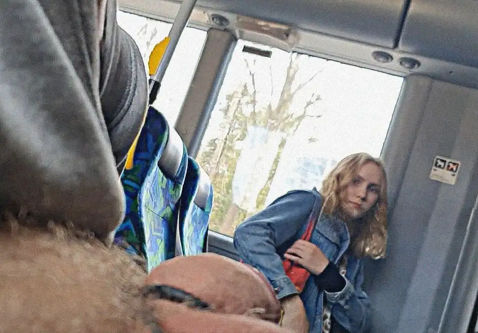 Sexy Russian blonde looking at cock on train