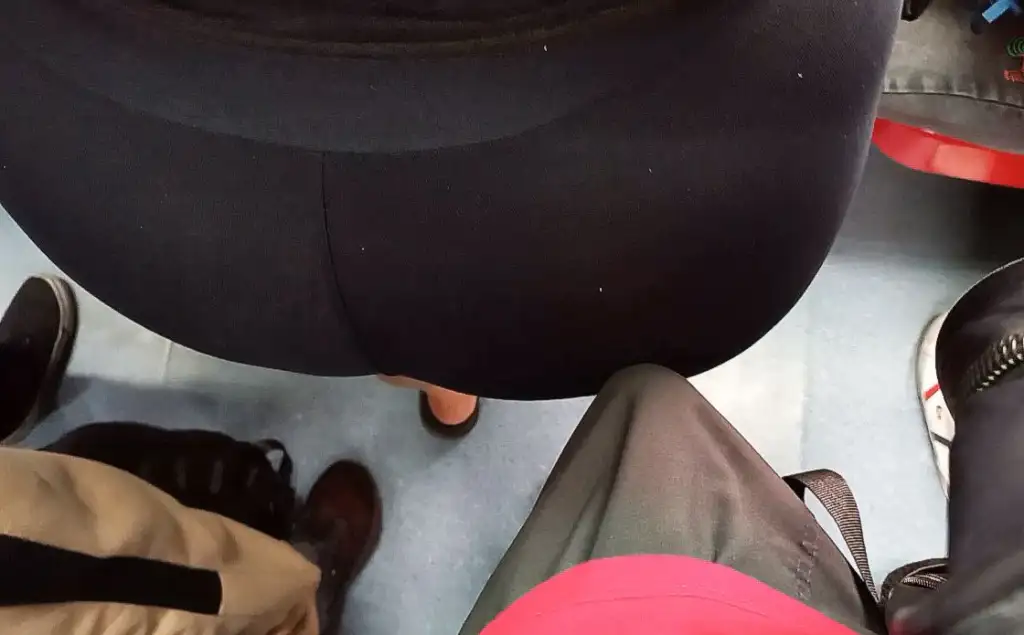 Brazilian brunette with a big butt wearing leggings on the train