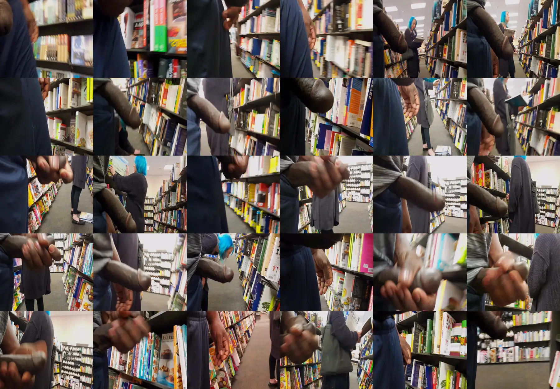 Sexy MILF with blue hair in the library and a big black cock on the side