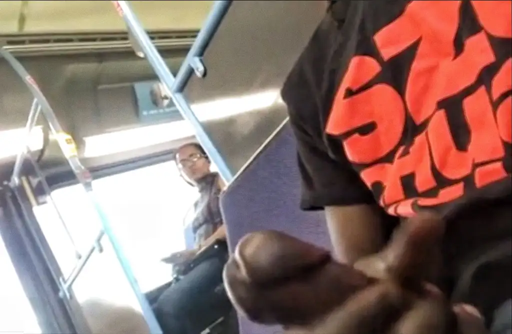 Brunette looking at big black cock on the bus