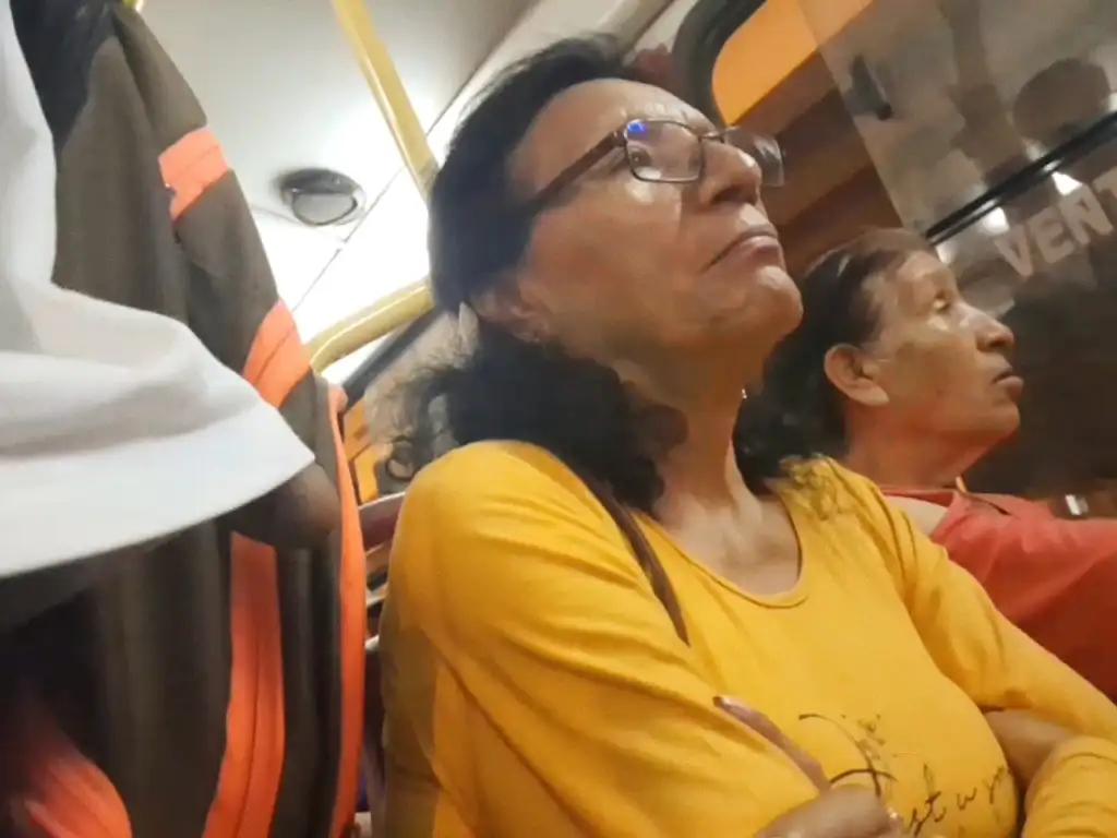 Cock on the shoulder of the mature Latina on the bus
