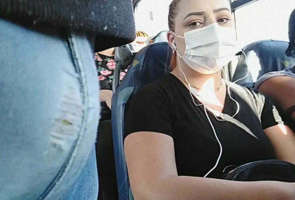 Brazilian redhead checking out bulge on the train, she liked it