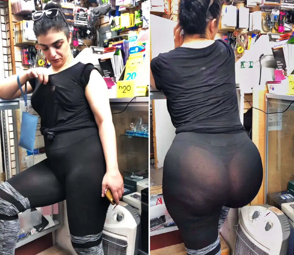 Huge Latina ass from the gym wearing see-through leggings in the store