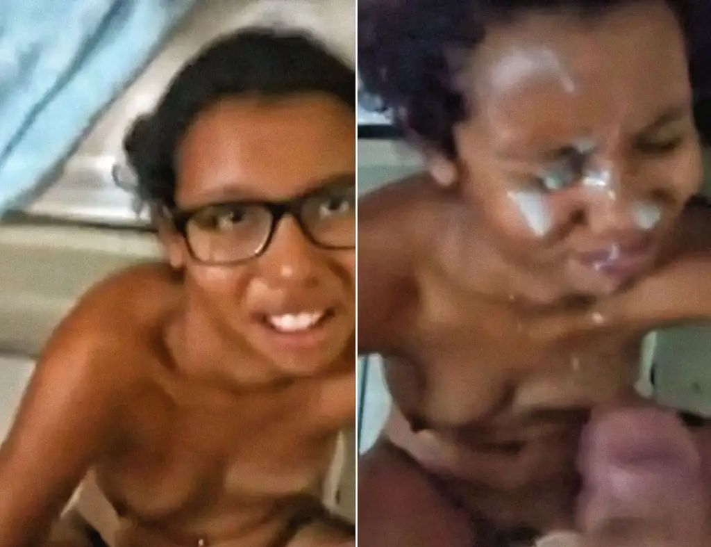 Huge cumshot on the face of the shy nerdy brunette