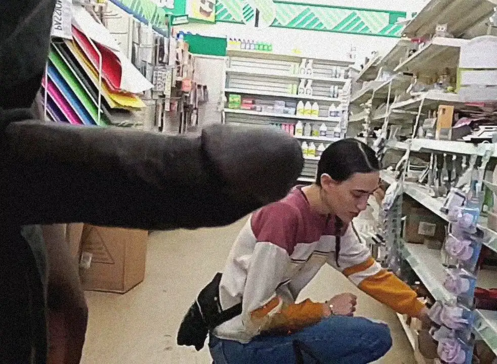 Hot skinny girl and black cock in the store, she knew...