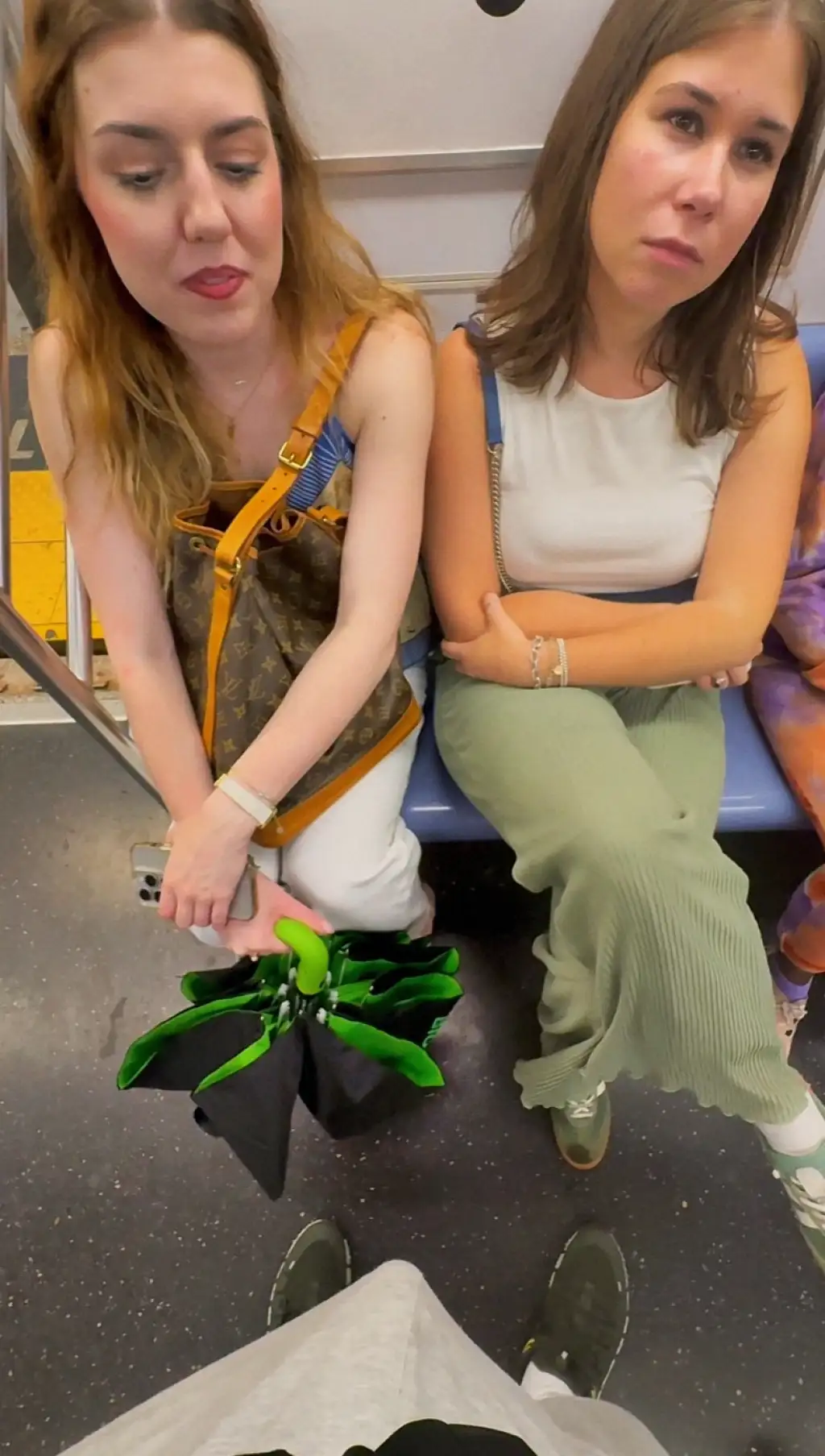 Two sexy friends on the train, one of them kept staring at the bulge