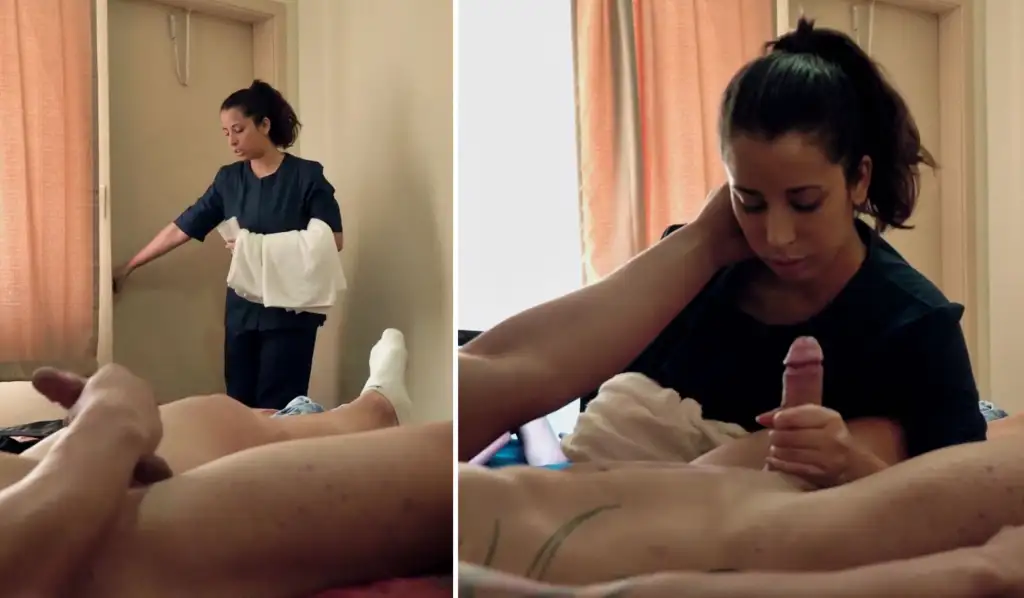 Naughty maid entered the room and saw the guest masturbating, so she decided to help him out
