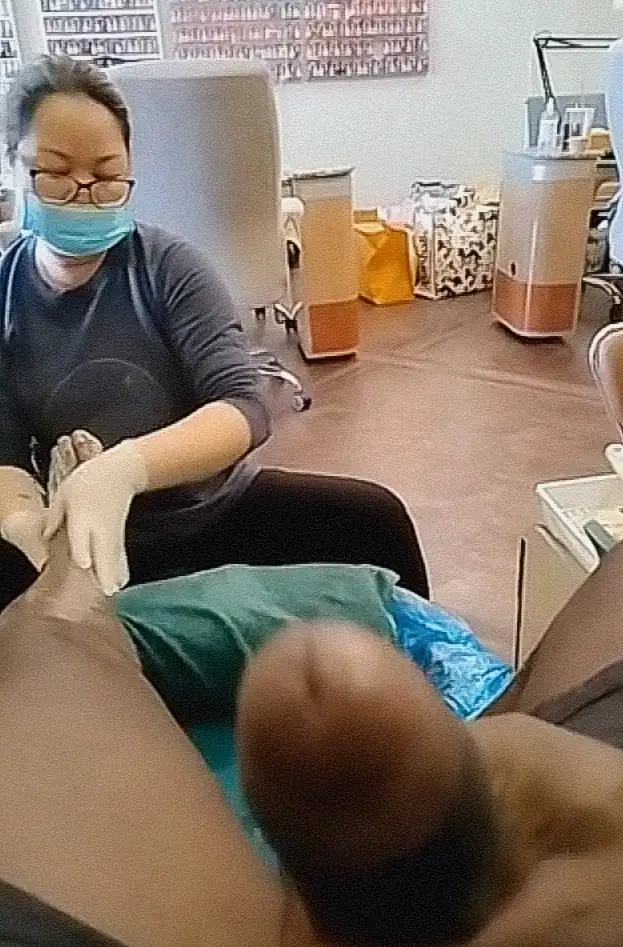 Sexy Asian pedicurist, she saw the black cock