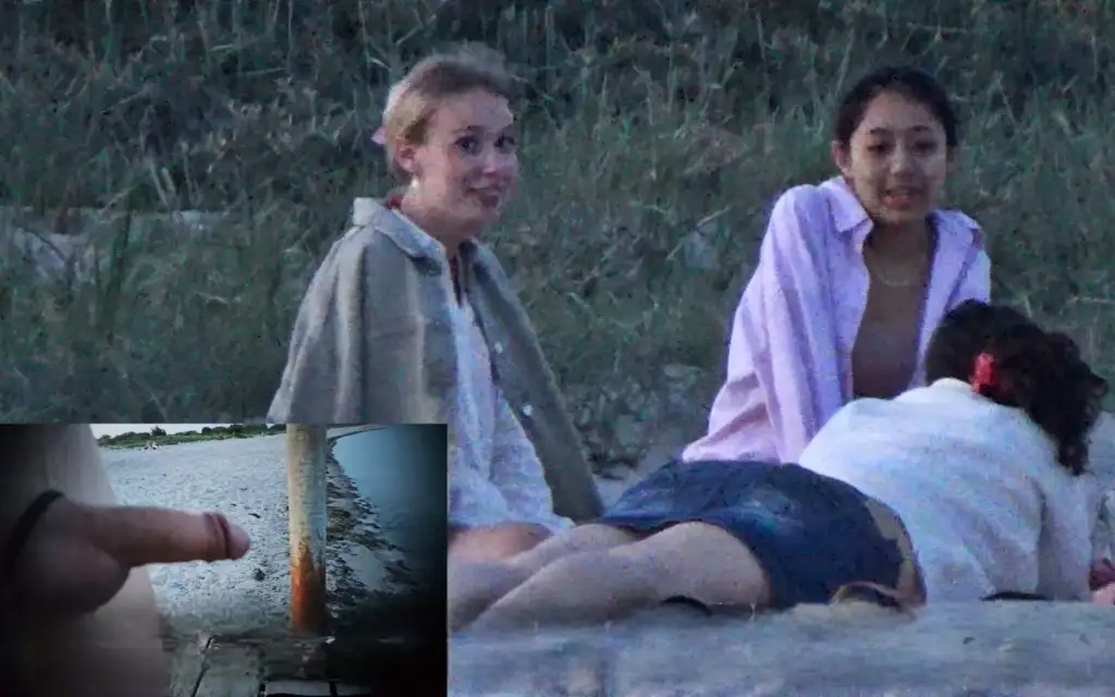 Friends chatting and checking dick out on the beach, they liked it