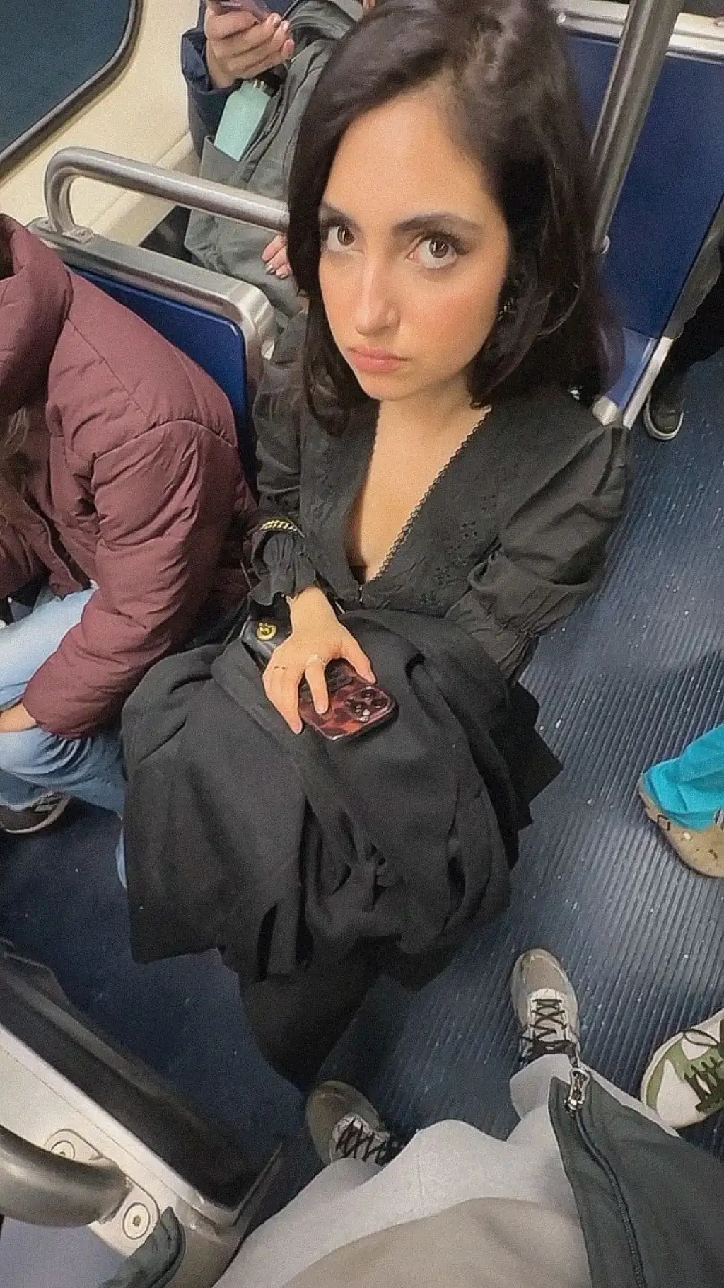 Hottie looking at a bulge on the train