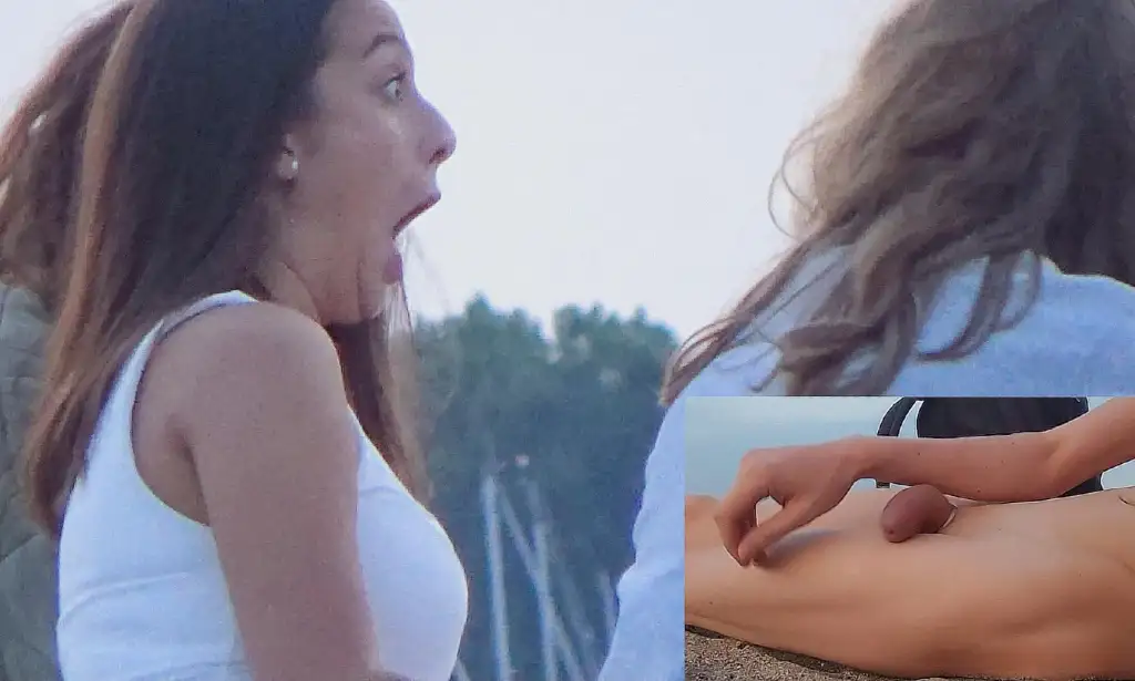 Friends on the beach shocked by the big dick