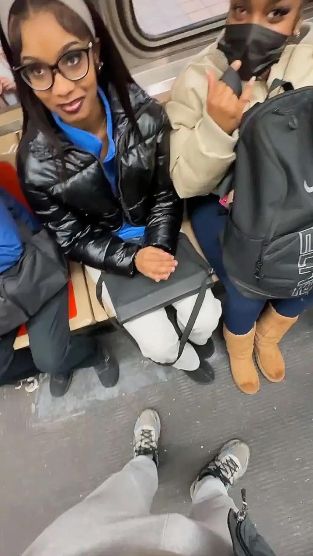 Two naughty friends checking out the bulge and smiling, they liked it