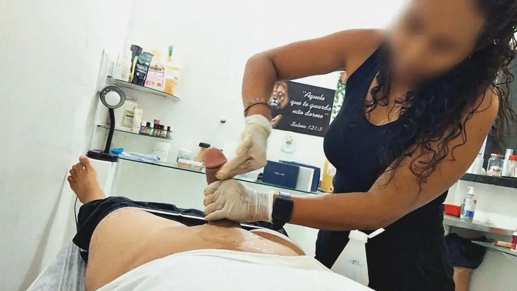 Cock cleaning with a hot Brazilian brunette