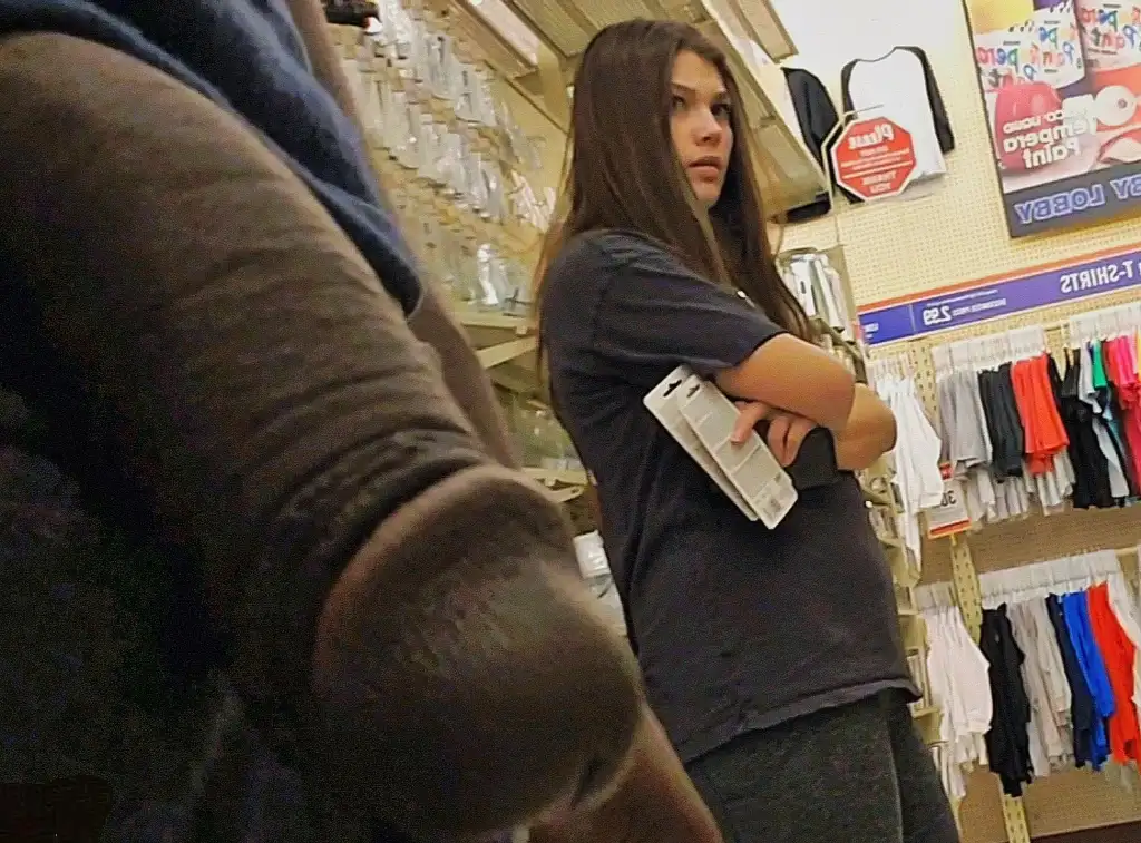 Beautiful brunette in the store, she saw the black cock 