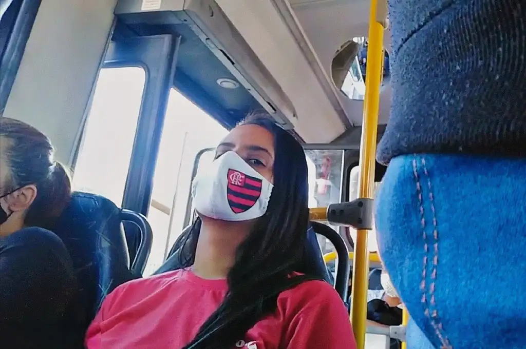 Sexy Brazilian brunette checking out bulge on the bus, she liked it